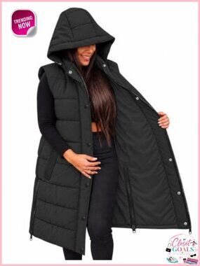 Long Hooded Quilted Puffer Vest Sleeveless Zip Coat